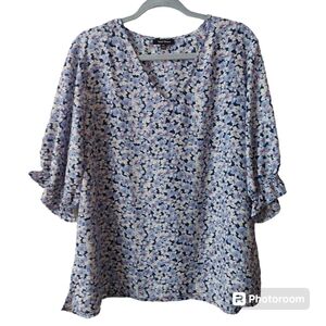 *Well Worn Flowy Floral Blue Lavender Oversize Baggy Blouse Peasant Cottage